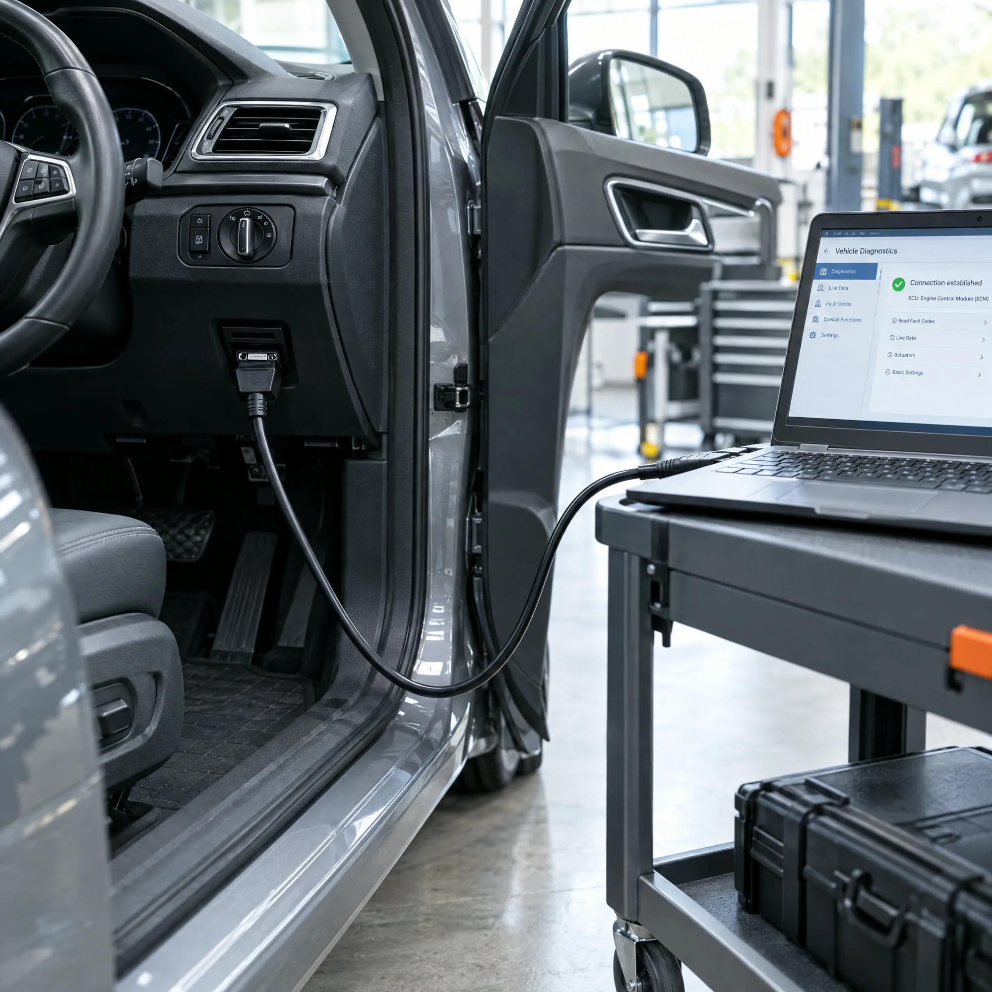 Diagnosekabel im Anschluss unter dem Armaturenbrett, daneben ein Laptop auf dem Rollwagen an der offenen Fahrertür.