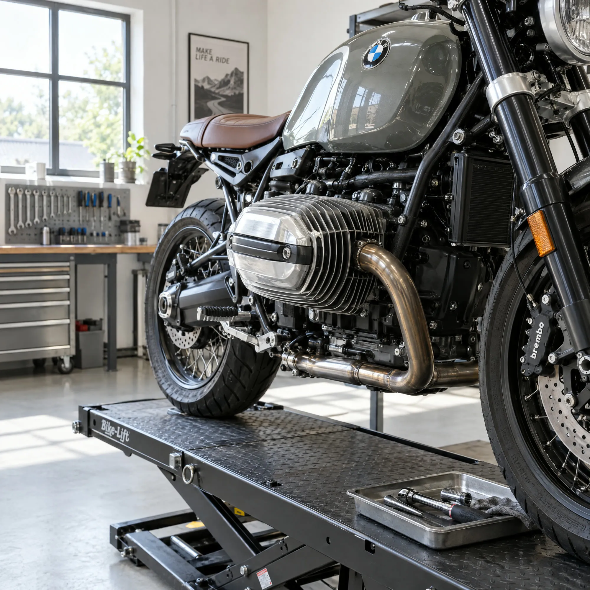 Motorrad auf der Motorradbühne in der hellen Halle, Zylinderkopf mit Kühlrippen im Vordergrund.