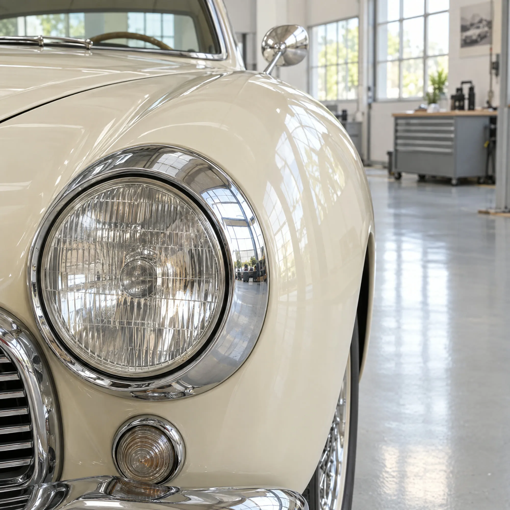 Chromrand eines Scheinwerfers und geschwungener cremefarbener Kotflügel eines Oldtimers in der hellen Halle.